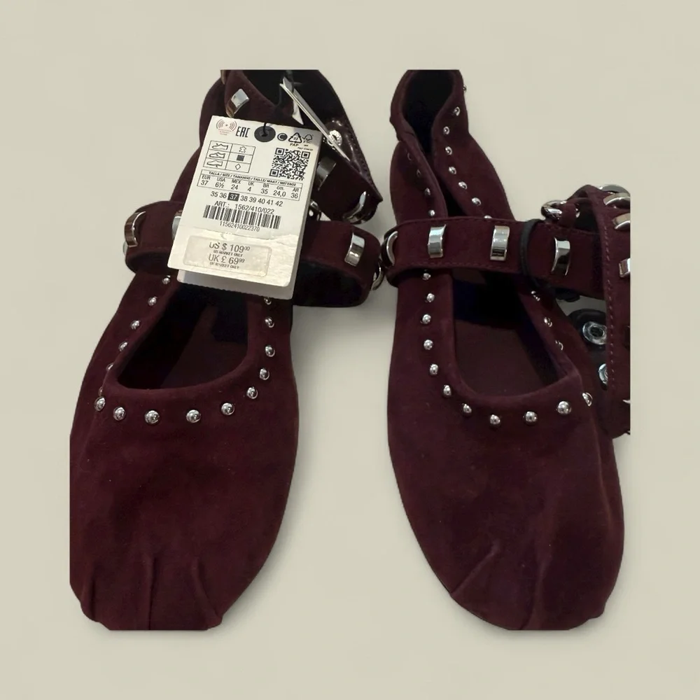 Zara suede studded ballet flats NWT